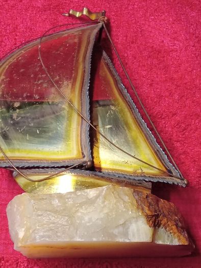 Vintage 1970's Sculpture Brass /  Metal Sailboat On Onyx Stone Base -Signed DeMott