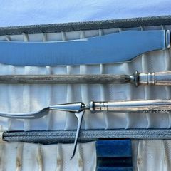Vintage Carving Set - Knife Fork Steel - Silver Plated Handles in Case