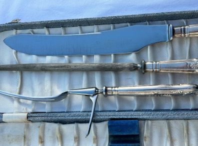 Vintage Carving Set - Knife Fork Steel - Silver Plated Handles in Case