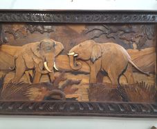 Vintage Wood Inlay Wall Panel Elephants