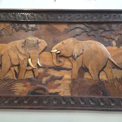 Vintage Wood Inlay Wall Panel Elephants