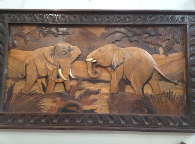 Vintage Wood Inlay Wall Panel Elephants