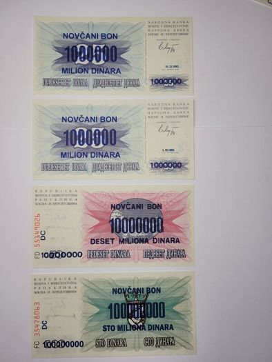 Bosnia - Herzegovina  100,000-100.000,000 Dinara, 1992-1994, 6 notes