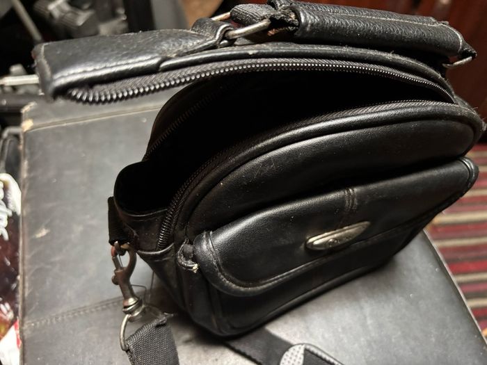 small leather camera bag