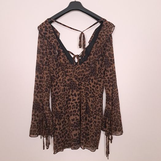 Boohoo Brown Black Leopard Y2K Grunge Tie Front V Neck Flared Mini Dress 16UK/44EU