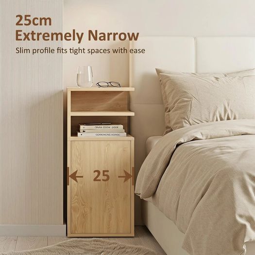 Set of 2 Slim Bedside Table with Open Cubbies and Cupboard