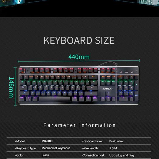 New IMICE MK-X80 USB Wired Luminous Lit Mechanical Gaming Keyboard Black