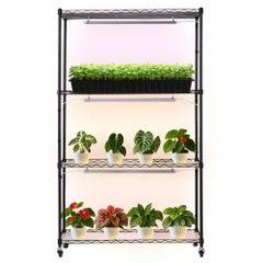 Plant Shelf with Grow Light, 4-Tier Indoor Plant Stand, 150 cm Tall Plants Display Rack with Wheels, 90W 3-Color Full Spectrum Grow Lights