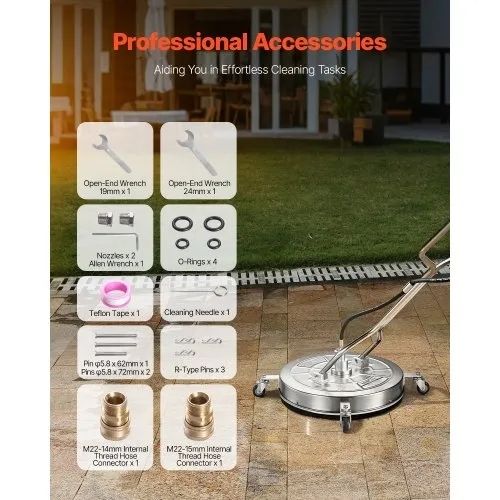 24" Pressure Washer Surface Cleaner, Stainless Steel Pressure Washer Attachments with 4 Wheels, 4000 Max PSI, 3/8 Quick Connector, 2 Spray Nozzles