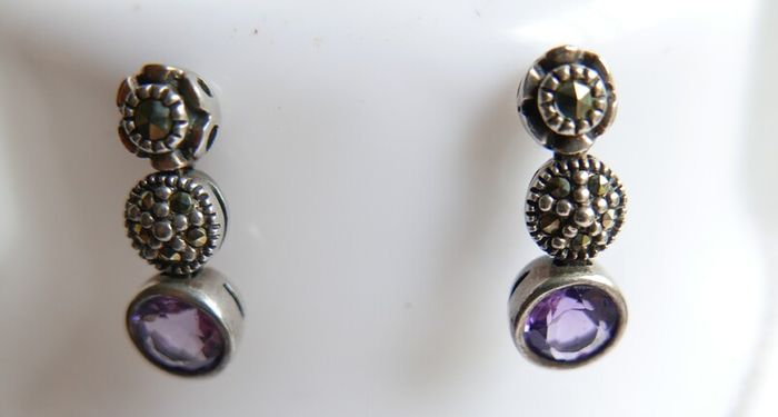 Vintage 925 Sterling Silver Amethyst and Marcasite Necklace and Earring Set