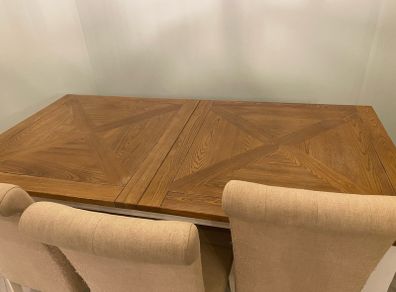 Large extending dining table + bench + 3 chairs.