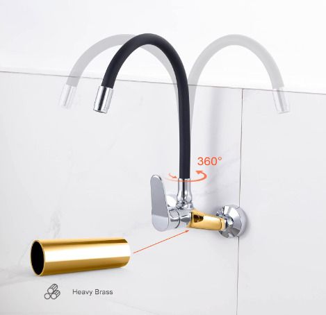 Ibergrif Wall Mounted Kitchen Tap Single Lever Mixer Tap 360 Rotation Sink tap with Adjustable Mounting Hole