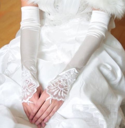 Classy White Gloves with Sparkly Beads & Lace