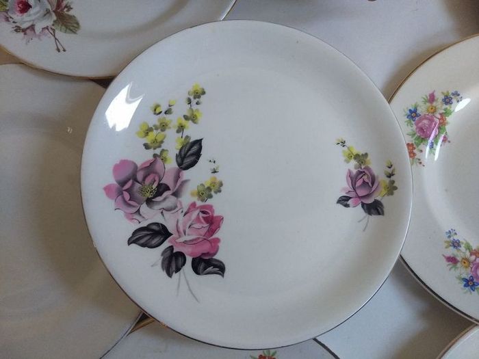 Lovely Mix and Match Set of Nine Vintage Shabby Chic Floral Tea Plates by Arklow Pottery, Carrigaline Pottery and Alfred Meakin