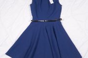 Closet London Navy Blue Belted Fit &amp; Flare Skater Mini Dress 10UK/38EU