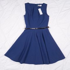 Closet London Navy Blue Belted Fit & Flare Skater Mini Dress 10UK/38EU