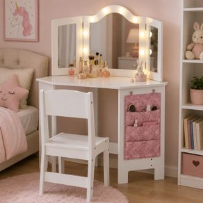 LED Kids Dressing Table and Stool Set Tri-Folding Mirror
