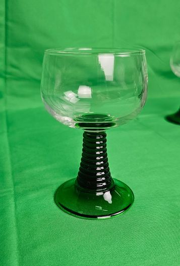 Set of eight antique Luminarc France glasses with green, ribbed stems