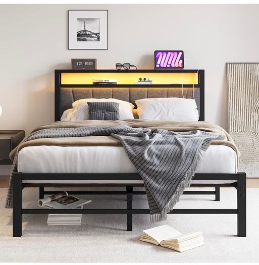 Double Bed Frame with Storage and LED Lights,4ft6 Metal Platform Bed Frame Double Size Bed Base with Charging Station,Mattress Base,Strong Slats Support,Under-bed Storage,Noise Free,Grey