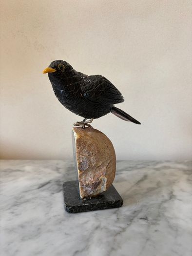 Hand-Carved Gemstone Blackbird on Crystal Geode Base
