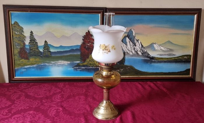 Vintage 21 Inches Tall Brass Double Burner Victorian Oil Lamp With Amber Glass Oil Font And With White Opaque Fluted Glass Globe Shade