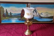 Vintage 21 Inches Tall Brass Double Burner Victorian Oil Lamp With Amber Glass Oil Font And With White Opaque Fluted Glass Globe Shade