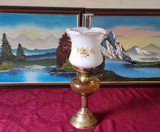 Vintage 21 Inches Tall Brass Double Burner Victorian Oil Lamp With Amber Glass Oil Font And With White Opaque Fluted Glass Globe Shade