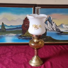 Vintage 21 Inches Tall Brass Double Burner Victorian Oil Lamp With Amber Glass Oil Font And With White Opaque Fluted Glass Globe Shade