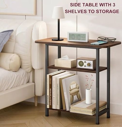 Sofa Side Table for Living Room, Narrow Side Table, 3-Tier End Table for Small Spaces with Wide Storage Tabletop, Slim Nightstand for Bedside, Bedroom, Couch, Rustic Brown