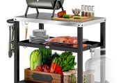 Outdoor Grill Dining Cart 3-Shelf Movable Pizza Oven Table Stand with Stainless Steel Top