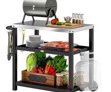 Outdoor Grill Dining Cart 3-Shelf Movable Pizza Oven Table Stand with Stainless Steel Top