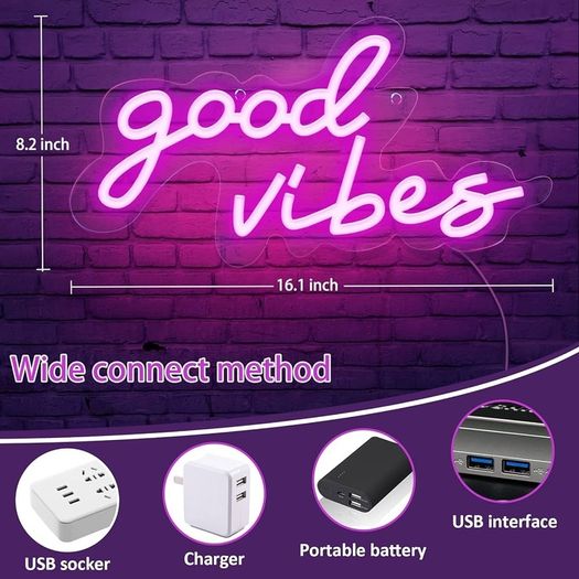 NEW SALE | Good Vibes Neon Sign,Neon Light Powered by USB with Switch, Pink Led Neon Light Sign for Bedroom,Wall Decor,Game Room,Party, Bar Decor