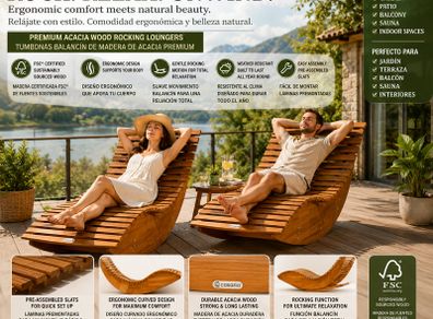 Set of 2 Acacia Wood Rocking Garden Loungers FSC Certified Ergonomic Relaxation Chairs