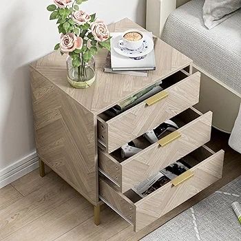 3 Drawer Bedside Table, Wooden Cabinet with Metal Legs, Modern Storage Chest for Bedroom Living Room Office, Oak Finish