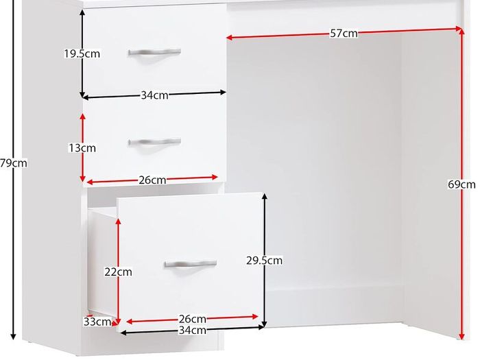 3 Drawer Dressing Table Makeup Desk Riano Bedroom Furniture (White)