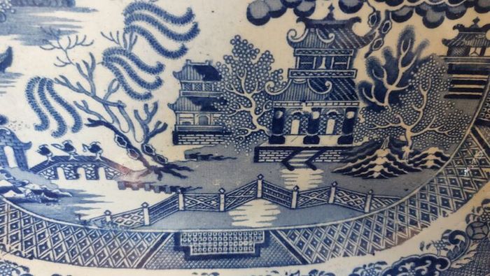 Beautiful Antique Blue and White Transferware Willow Pattern Large Platter, Unknown Maker, Circa 1860's, Most Likely Staffordshire Made