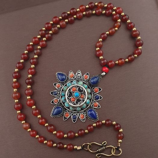 Antique Style Brass & Lapislazuli,Coral,Turqouise Pendant with Carnelian Beads Necklace