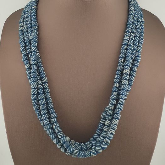 Vintage African Style White Stripe Blue 7mm -8mm Glass Beads Necklace Strand