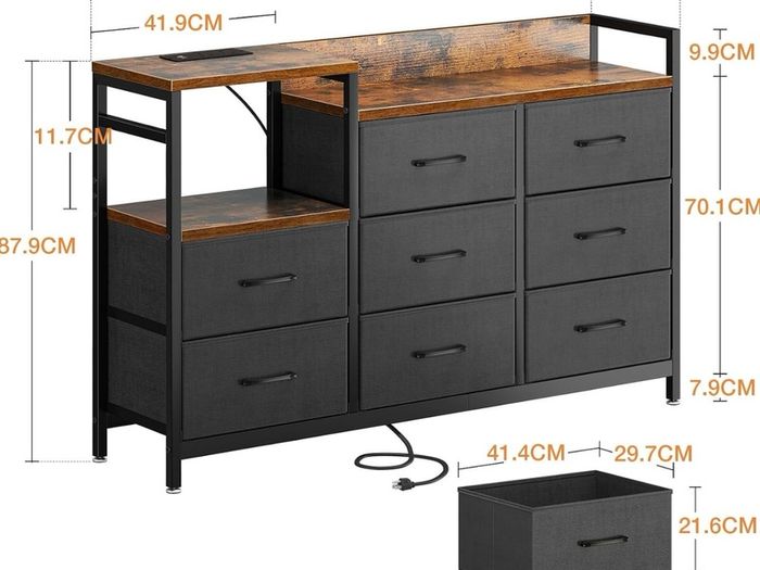 Chest of Drawers Bedroom, 8 Fabric Drawers, Retro Color, 30x132x88cm Contains 2 USB & 2 AC Ports Sockets, Storage Dresser with 8 Fabric Drawers Suitable for Bedrooms, Living Rooms