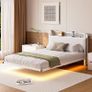 Floating Double Metal Bed Frame with LED Lights & USB Charging Station,135x190cm Metal Platform Bed Frame with 4ft6 Upholstered Headboard Storage,Heavy Duty Metal Slats,Noise Free/Shiny White Image 5