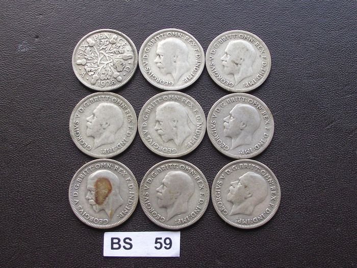 Great Britain. George V. 9 Silver@6 pence Run of the years (1928-1936)
