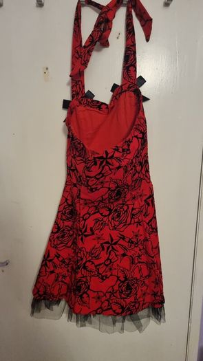 Red Rockabilly Tattoo Print Dress with Tulle Hem