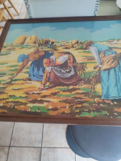 French Vintage Embroidery Picture in a wooden Frame - Women working in the Fields-70s