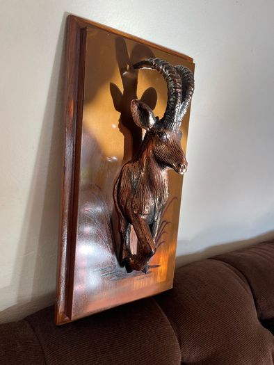 Rare Vintage Rhobard Rhonya Rhodesia Teak and Copper Sable Antelope Mounted Plaque