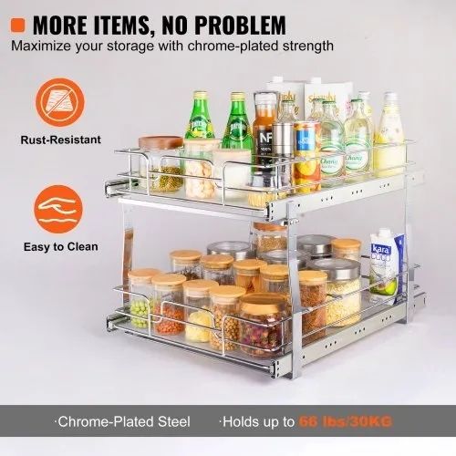 2 Tier 41 cm x 53.3 cm Pull Out Cabinet Organizer, Heavy Duty Slide Out Pantry Shelves, Chrome-Plated Steel Roll Out Drawers