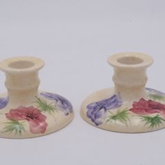 Pair Vintage Candle Holders, E. Radford, Hand Painted Anemone Flowers