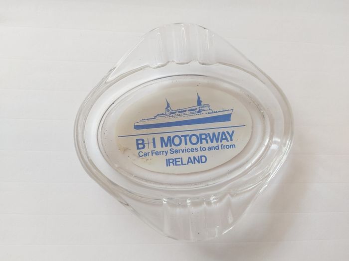 B + I motorway car ferry service to and from Ireland ,glass ashtray,,a slight little chip ,underneath one edge ,,very small,see pictures for condition,,price includes post to anywhere in ireland,,thank you, take as is