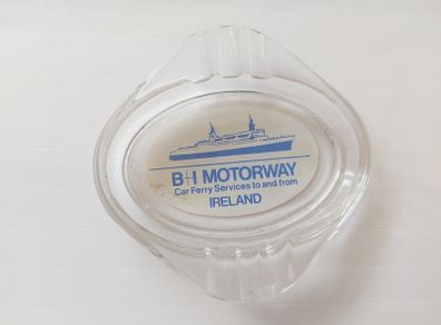 B + I motorway car ferry service to and from Ireland ,glass ashtray,,a slight little chip ,underneath one edge ,,very small,see pictures for condition,,price includes post to anywhere in ireland,,thank you, take as is