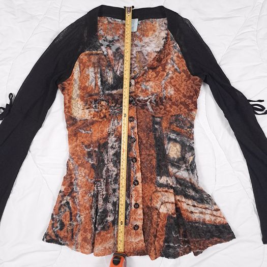 Legatte Jeans Vintage Y2K Grunge Brown Black Abstract Sheer Mesh Flared Sleeve Button Up Shirt Top 14UK/42EU
