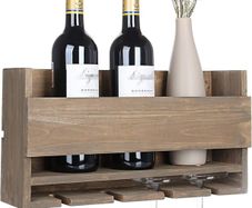 Rustic Wall Mounted Wine Rack for 4 Red Wine Glasses Storage, Wooden Wine Bottle Holder for Farmhouse Kitchen Decor, Floating Wine Shelf Organizer for Living Room Display.